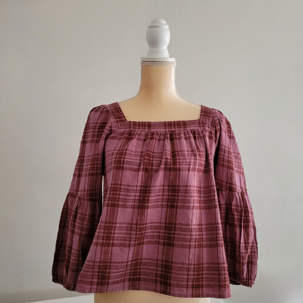 A.N.A Plaid square-neck blouse petite medium / purple, brown